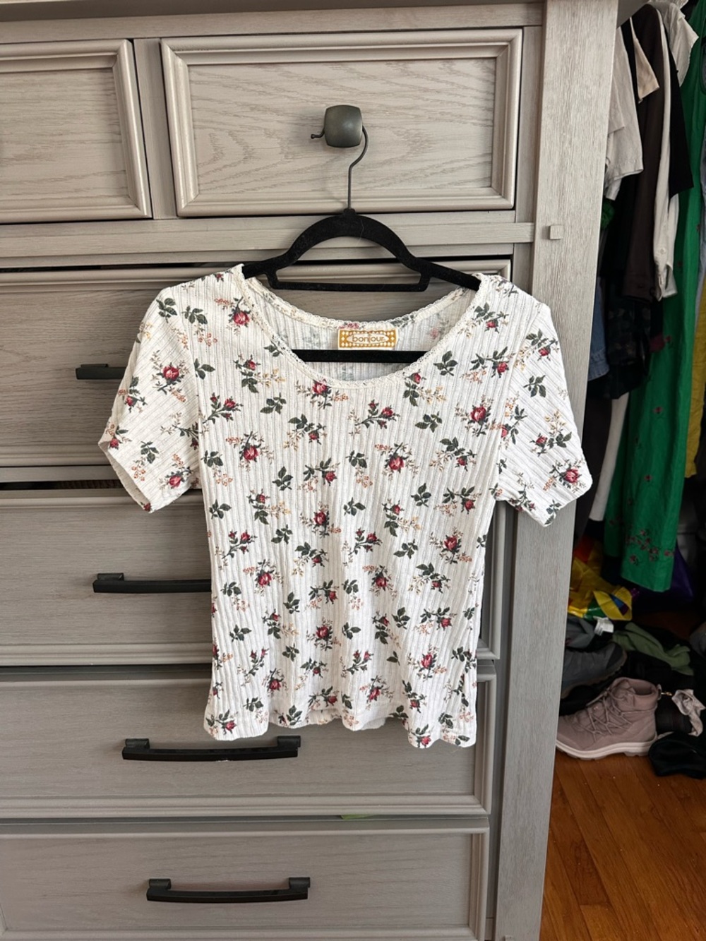 Floral Ribbed Short-Sleeve Top - White with Pink Roses